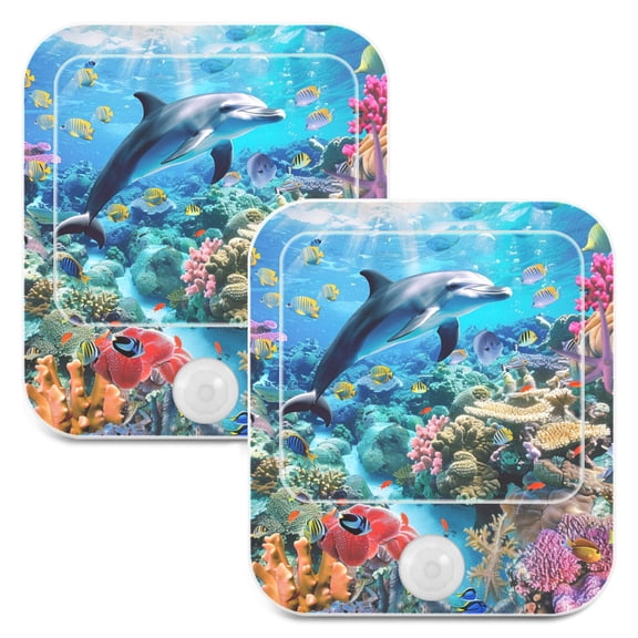 Dolphin Coral under Sea 2 Pack LED Motion Sensor Night Light Plug into Wall Auto Dusk to Dawn Adjustable Brightness for Kids Bedroom Hallway Nursery Room
