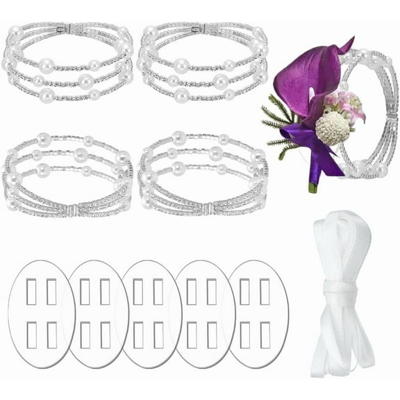 Silver 5Pcs Rhinestone Corsage Bracelet Wrist Bands