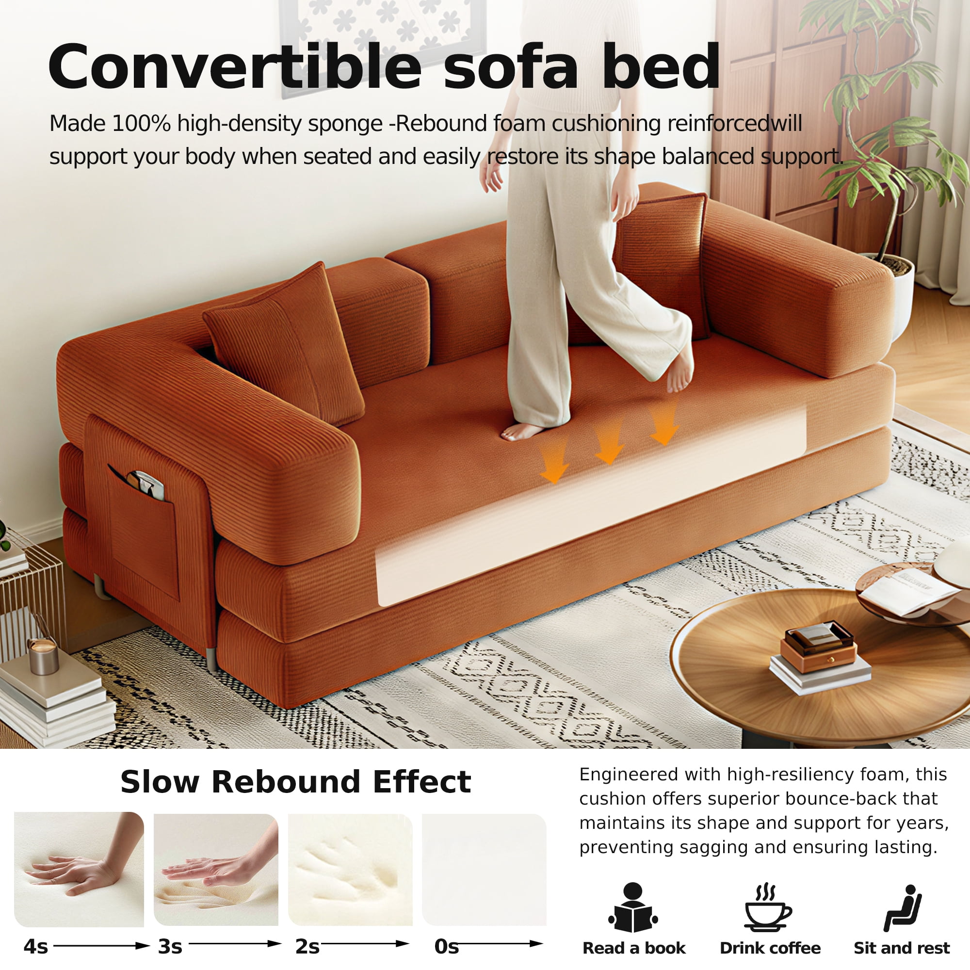 GARITIN Convertible Sleeper Sofa Bed 79 Inch, 5 in 1 Chenille Floor Sofa with High Density Foam and Side Pockets for Living Room, Orange