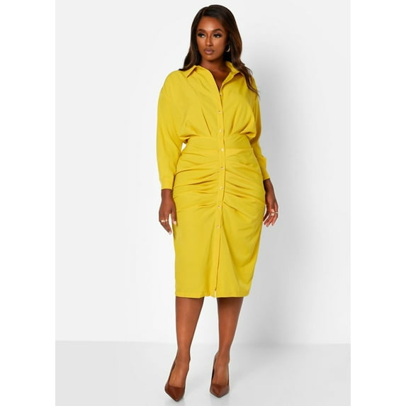Rebdolls Women's Plus Button Front Tie Waist Cinched Bodycon Dress - Mustard, 2X
