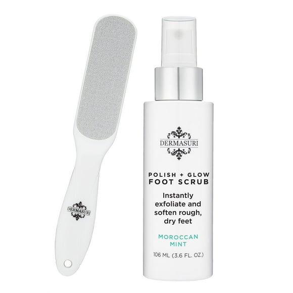 Dermasuri Exfoliante para pies removedor de callos - Fórmula exfoliante en aerosol para pies y lima de suela de lujo reutilizable Set de regalo de San Valentín - Removedor de piel muerta, pela y suavi