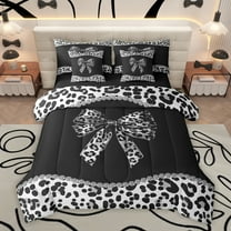 Homewish Cheetah Leopard Print Bedding Comforter Set 7pcs, Chic Black Grey Ribbon Queen Bedding Sets, Fashion Princess Style Reversible Queen Sheet Sets, Microfiber Bedroom Decor