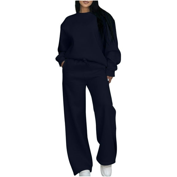 MOJOGO Women's 2 Piece Outfits Solid Crewneck Long Sleeve Sweatshirts Loose Wide Leg Sweatpants Casual Lounge Set Tracksuits Navy XL