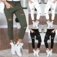 thumbnail image 1 of Women's Skinny Ripped Jeans Drawstring High Waist Casual Elastic Slim Solid Color Pants, 1 of 5