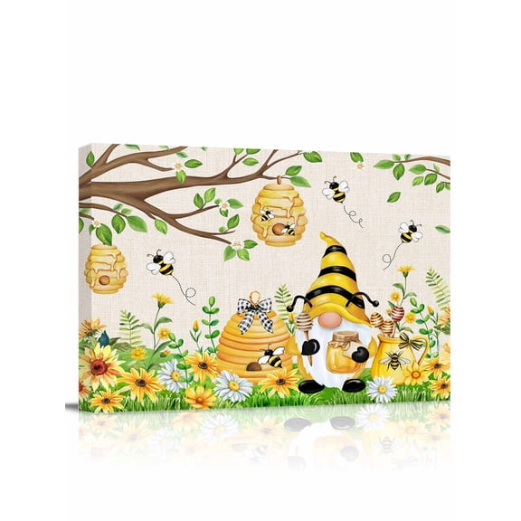 Yellow Daisy Gnomes Wall Art for Living Room,Canvas Picture Wall Decor for Bathroom Bedroom,Pastoral Bees Floral Botanical Beige Painting Artwork for Office Kitchen Hallway Dining Room Decor 16"x20"