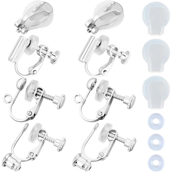 16Pcs 4 Style Clip-on Earring Findings Screw Back Sterling Silver Plated Brass Clip on Earring Converters Components with Loop 2 Style 30Pcs Ear Pads for Ears Women Gray