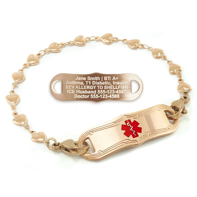 MedicEngraved Rose Gold Stainless Steel Custom Medical Alert Bracelet - 5mm Heart Link