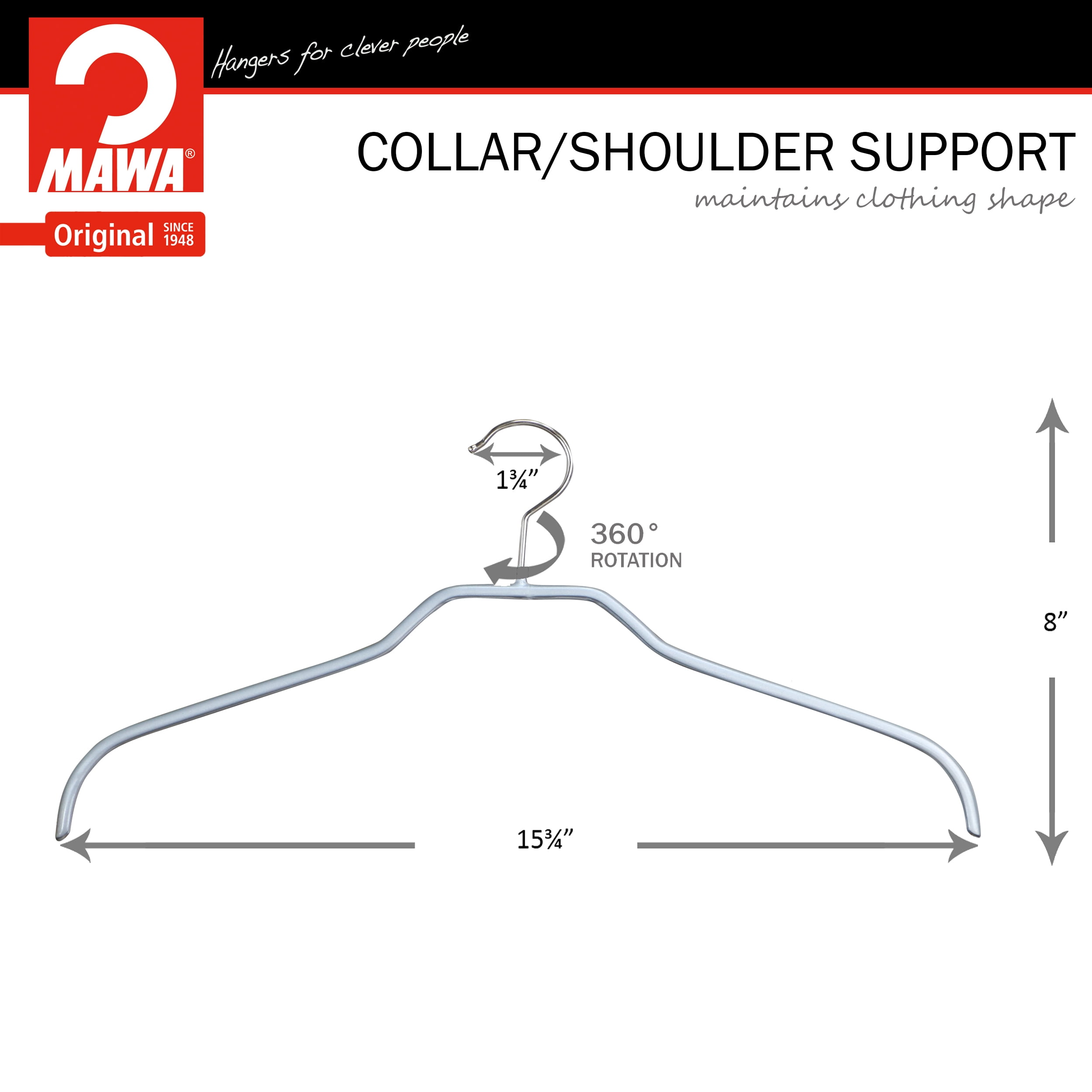 Mawa by Reston Lloyd Silhouette Series Non-Slip Space Saving Clothes Hanger for Shirts and Dresses, Style 41/F, Set of 12, Silver