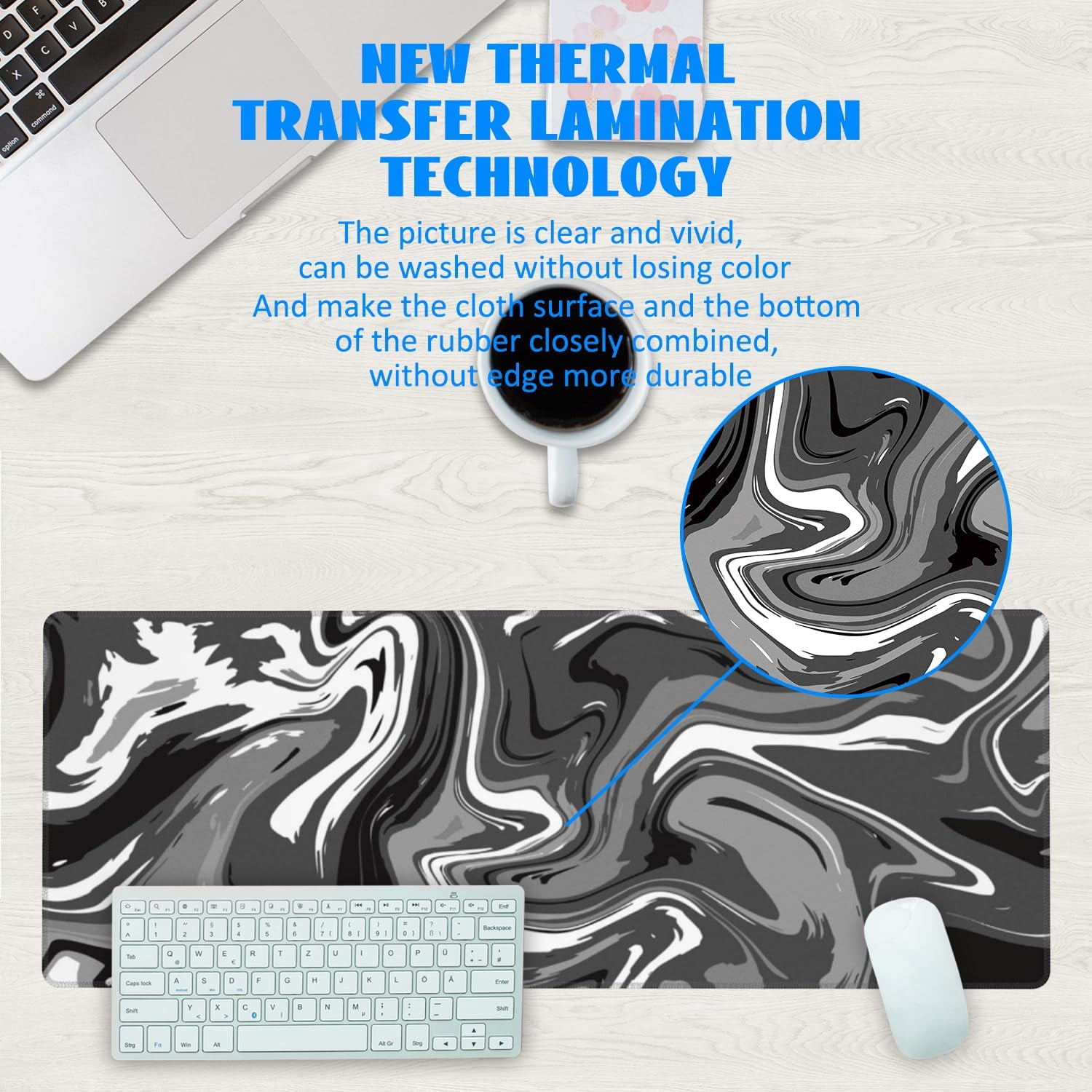 Desk Mat, Abstract Black White Ink Liquid Waves Extended Gaming Mouse Pad Large, 31.5"x11.8" Big Mouse Pad with Non-Slip Base and Stitched Edge, Long Computer Keyboard Mouse Mat for Home Office Work