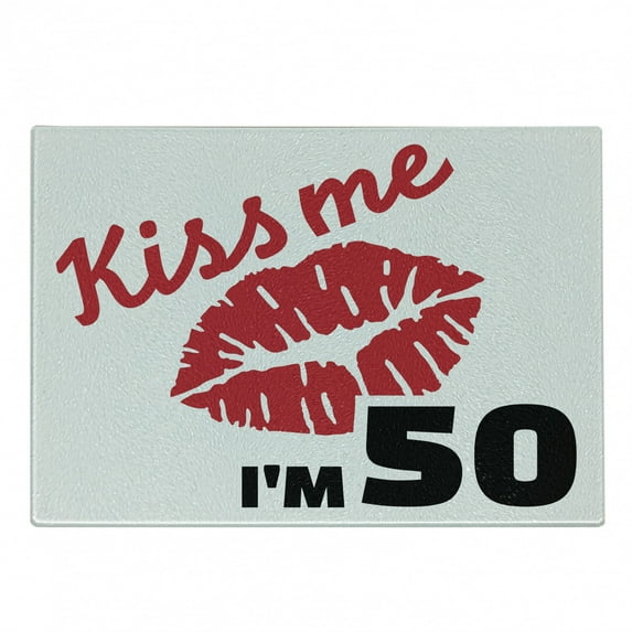 50th Birthday Cutting Board, Red Colored Lips Stencil Art Style Kiss Me Im 50 Words, Decorative Tempered Glass Cutting and Serving Board, Small Size, Red Black White, by Ambesonne