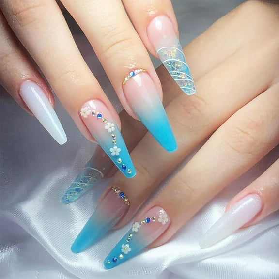 Blue Ombre Long Coffin Press on Nails, Glossy Blue Glitter Acrylic False Nails Gel Glue on Nails with 3D Flower Pearl Design, Colored Rhinestones Manicure Art Fake Nails Stick on Nails for Women Girl