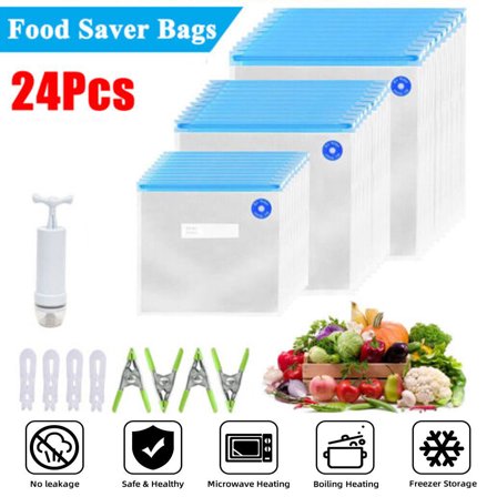 Ryhampaper 24Pcs/set Reusable Plastic Clear Vacuum Seal Bags Hand Pump Kitchen Food Meat Saver Storage Bags Kit BPA Free  ﻿