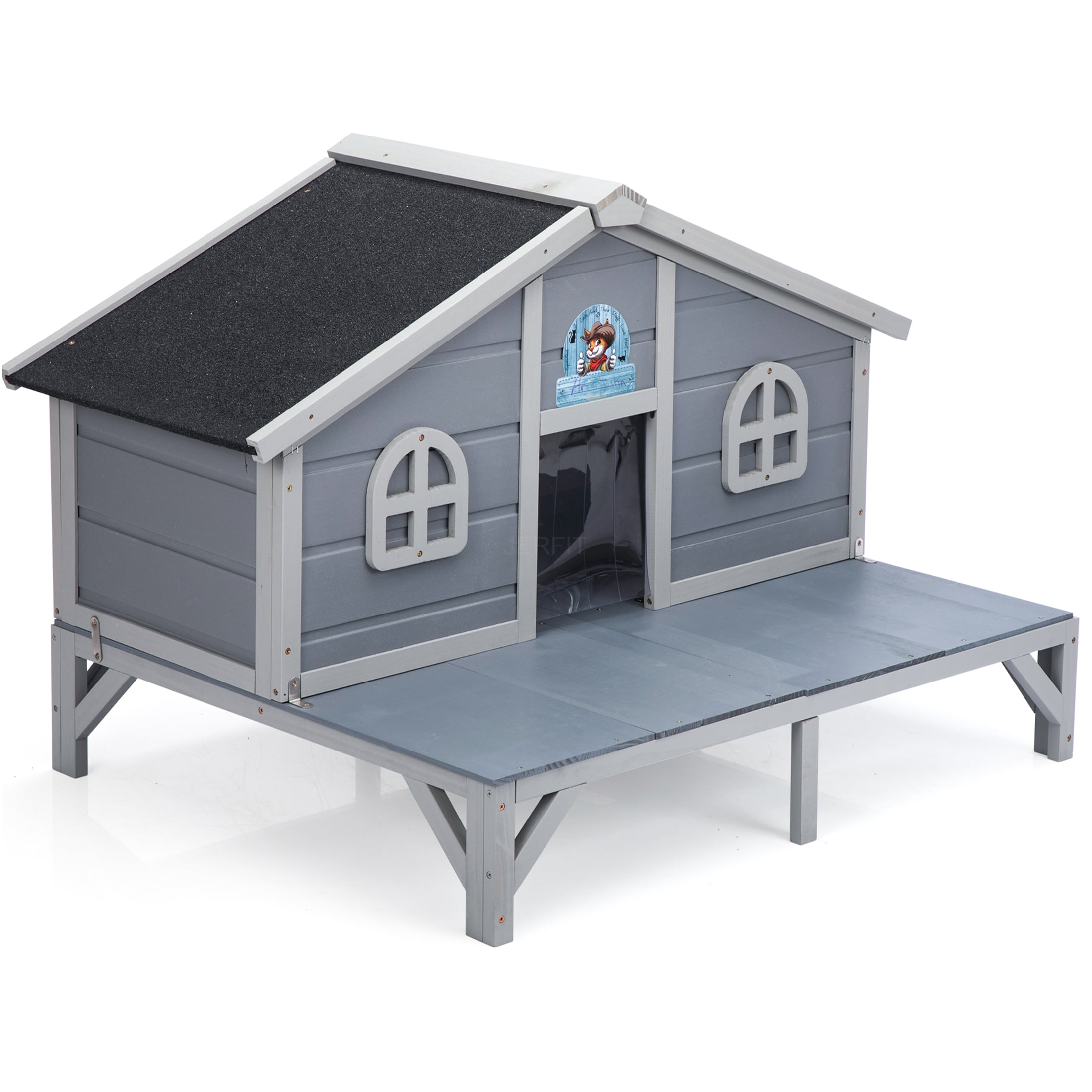 JERFIT All Weather Gray Wooden Cat House & Outdoor Enclosure with Lockable Door, Cozy Fringe Curtains for Large Cats & Kittens