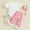 thumbnail image 3 of Bagilaanoe 3pcs Newborn Baby Girl Pants Set Letter Print Short Sleeve Rompers Tops + Stripe Flare Trousers + Headband 3M 6M 9M 12M Infant Casual Clothes, 3 of 8