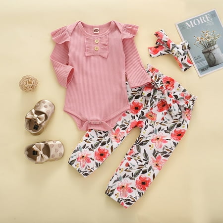 

RPVATI Newborn Infant Baby Toddler Clothes Ruffle Long Sleeve Bodysuit Floral Pants Set 3 Pieces Fall Winter Clothes Set