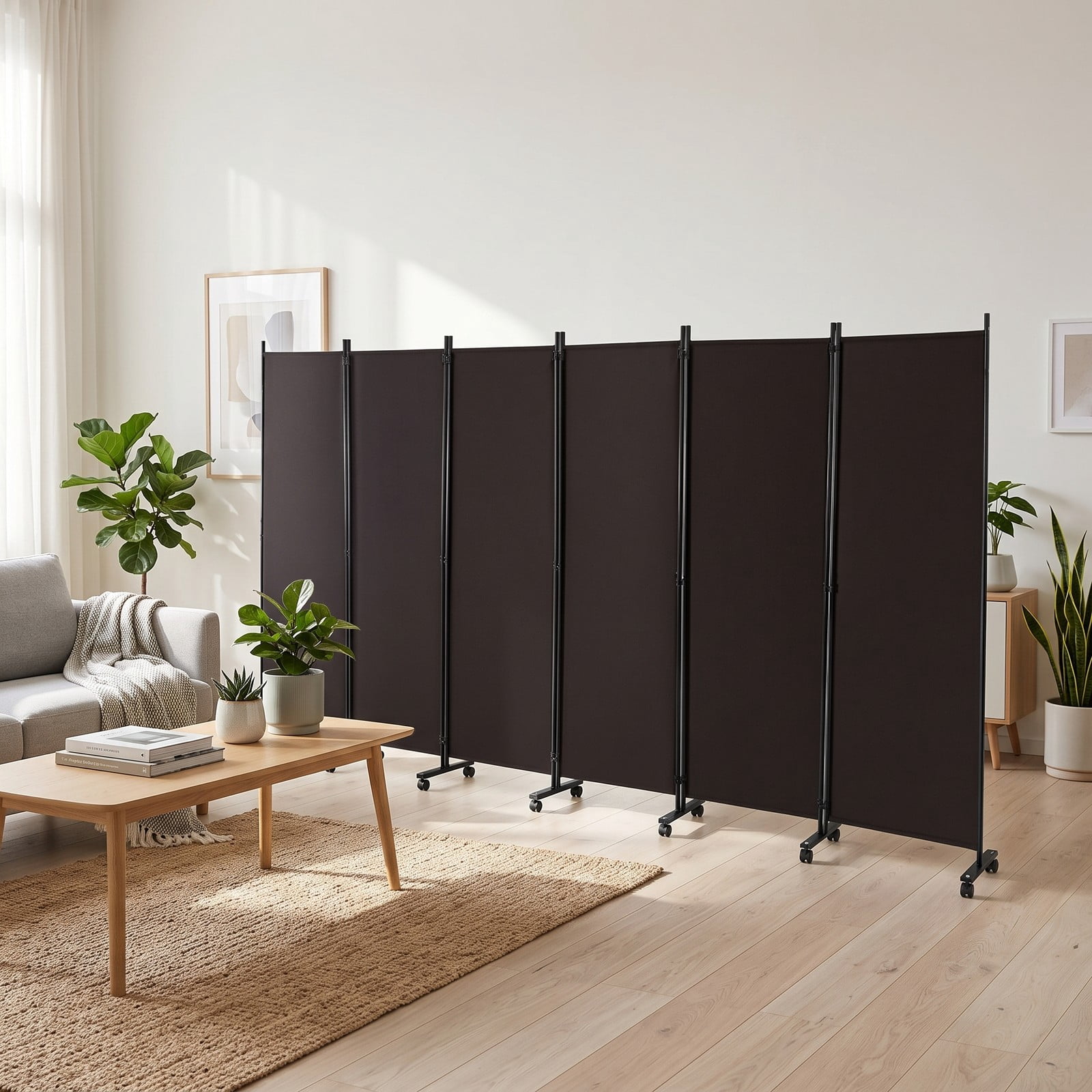 ALPULON 6 Panel Rolling Room Divider on Wheels, 5.7 Feet Tall Freestanding Folding Privacy Screen, Woven Fabric Partition for Home Office Bedroom Dormitory, Walnut