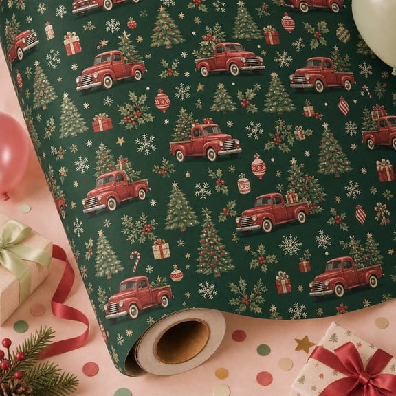 Christmas Wrapping Paper Nordic Red Truck Gift Wrap for Holiday Presents and Seasonal Gifting