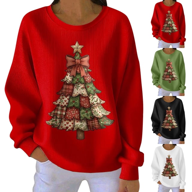 Yteetum Chandail en Molleton Joyeux Noël pour Femmes, Col Rond Surdimensionné, Tricot Côtelé, Chandail Sans Capuche, Haut Décontracté, Imprimé Graphique de Noël, Col Rond, Manches Longues, Ample