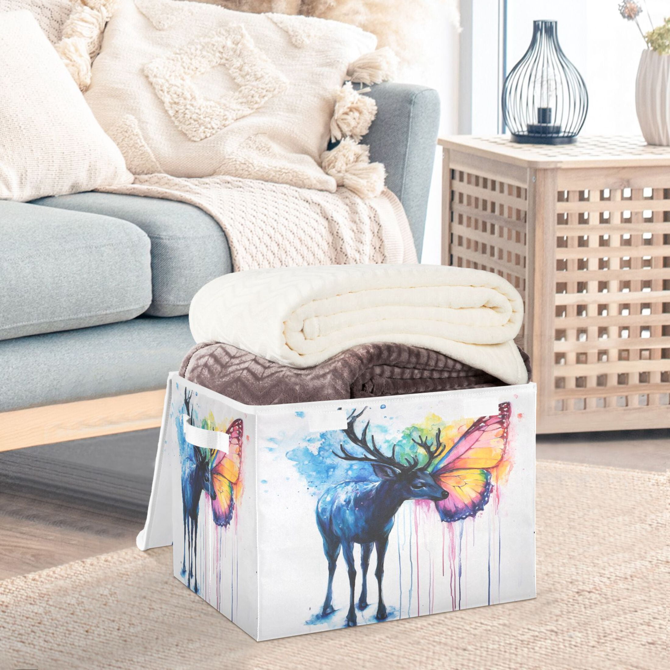 Storage Box With Lid 16.5x12.6x11.8In Foldable Stacked Household Storage Box Color Deer Butterfly Picture
