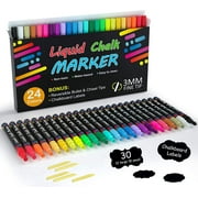 Shuttle Art Chalk Markers, 24 Vibrant Colors Liquid Chalk Markers Pens for Chalkboards, Windows, Glass, Cars, Erasable, 3mm Reversible Fine Tip with 30 Chalkboard Labels