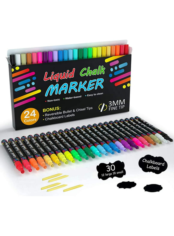 Shuttle Art Chalk Markers, 24 Vibrant Colors Liquid Chalk Markers Pens for Chalkboards, Windows, Glass, Cars, Erasable, 3mm Reversible Fine Tip with 30 Chalkboard Labels