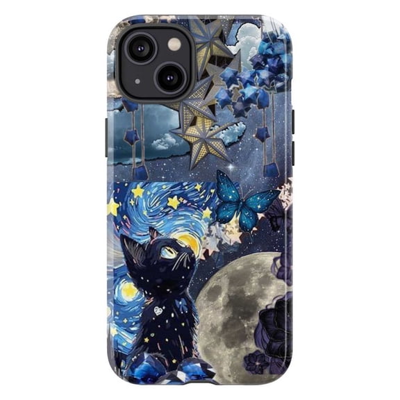 Starry Night Cat Phone Case, Moon and Butterfly Galaxy Design Phone Cover for iPhone 17 16 15 14 13 12 11 Pro Plus Mini