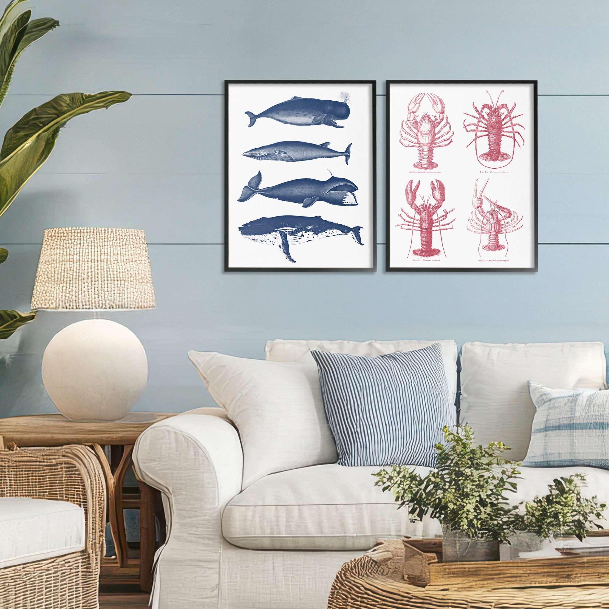 Marine Whales & Lobsters 2 Piece Black Framed Giclee Art Set, design by Lettered and Lined