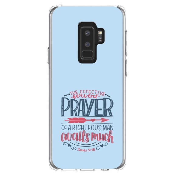 DistinctInk Clear Shockproof Hybrid Case for Samsung Galaxy S9  PLUS (6.2" Screen) - TPU Bumper, Acrylic Back, Tempered Glass Screen Protector - James 5:16 - Effective Fervent Pray of a Righteous Man