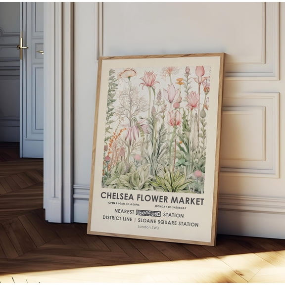 Vintage Chelsea flower market, pink flower market print, vintage floral poster, Retro botanical print, botanical wall art, floral wall art, 8x12 UNFRAMED