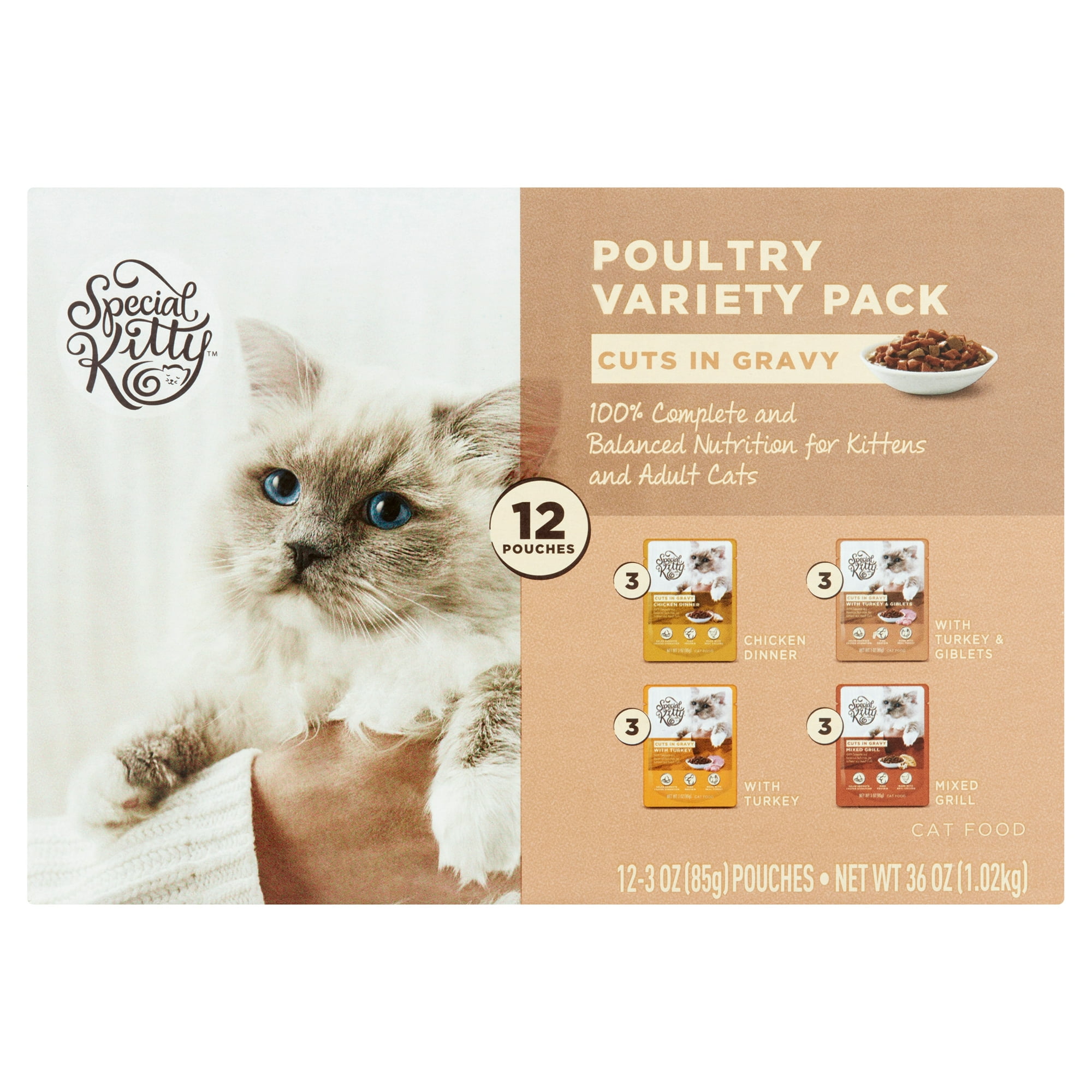 Special Kitty Chicken Dinner & Turkey & Giblets & Mixed Grill Cuts in Gravy Wet Cat Food Poultry Variety Pack, 3 oz Pouches, 12 Pack
