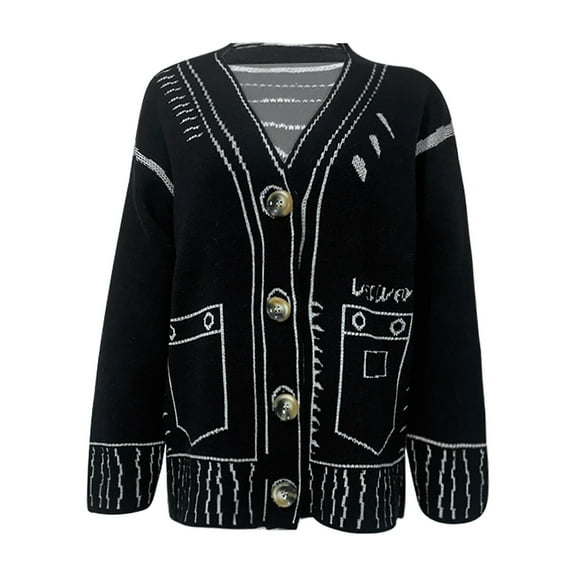 shqvo Women'S Cardigans Print Graffiti Unique Cardigan Sweater Y2K Fake Pocket Long Sleeve Button Up Open Front Knit Sweaters Coat Fall Knit Cardigan Plus Size Cardigan