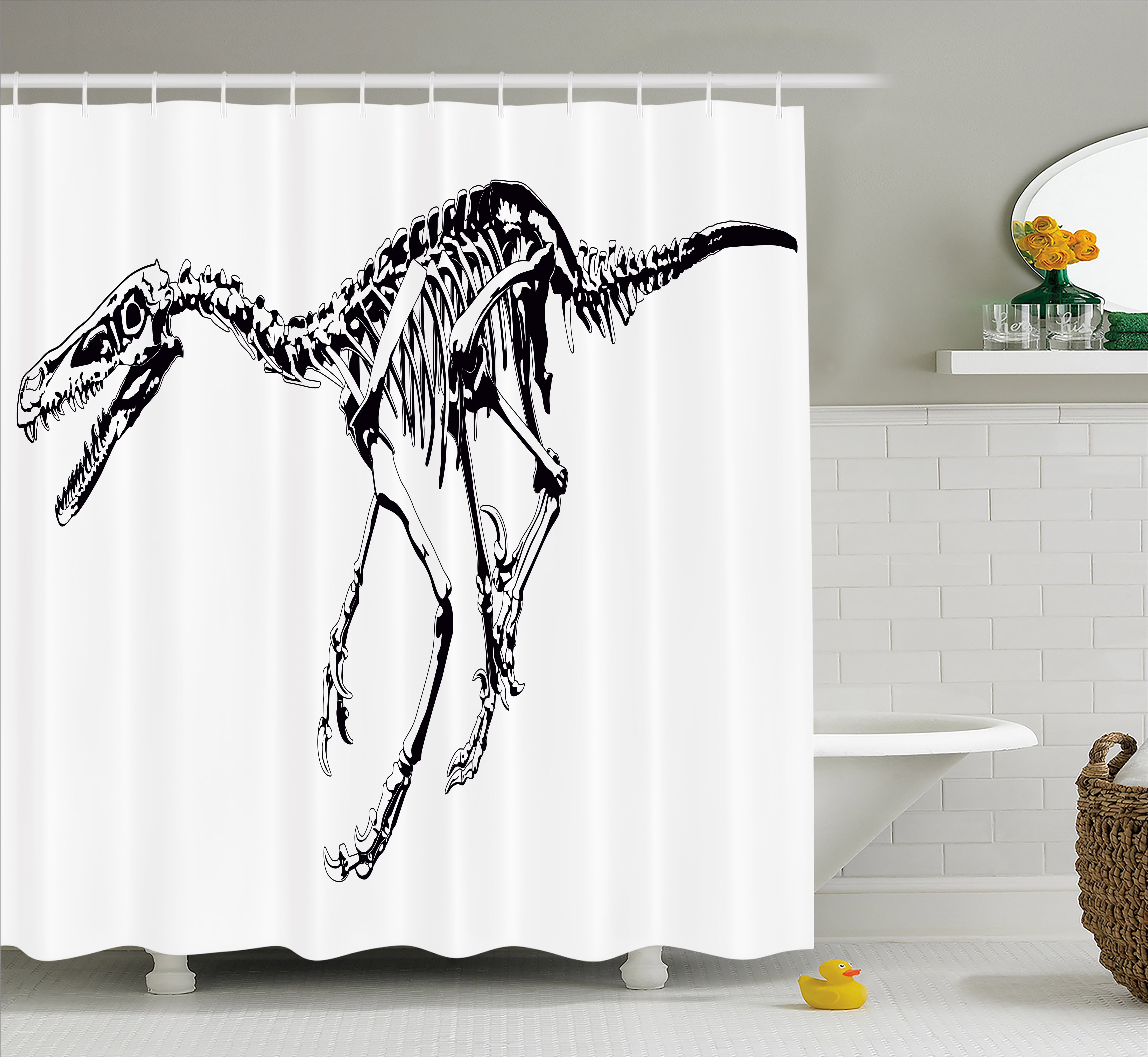 Dinosaur Shower Curtain, Skeleton Prehistoric Wild Animal Raptor