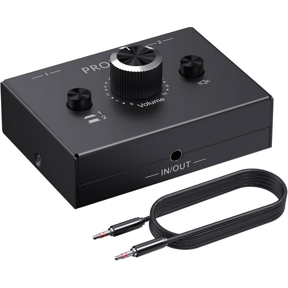 PROZOR 3.5mm Audio Bi-Directional Switcher - 2(1)-in-1(2)-Out 3.5mm Stereo Audio Switch Splitter 2 x 1/1 x 2, with Mute Button and No External Power Required