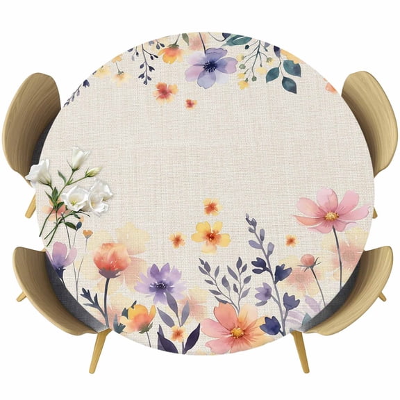 Round Table Cover 55-60 Inch Spring Floral Waterproof Reusable Table Cloth Round Fitted Vinyl Tablecloth with Elastic Edged for Parties Outdoors, Elegant Flowers Farmhouse Botanical Rustic