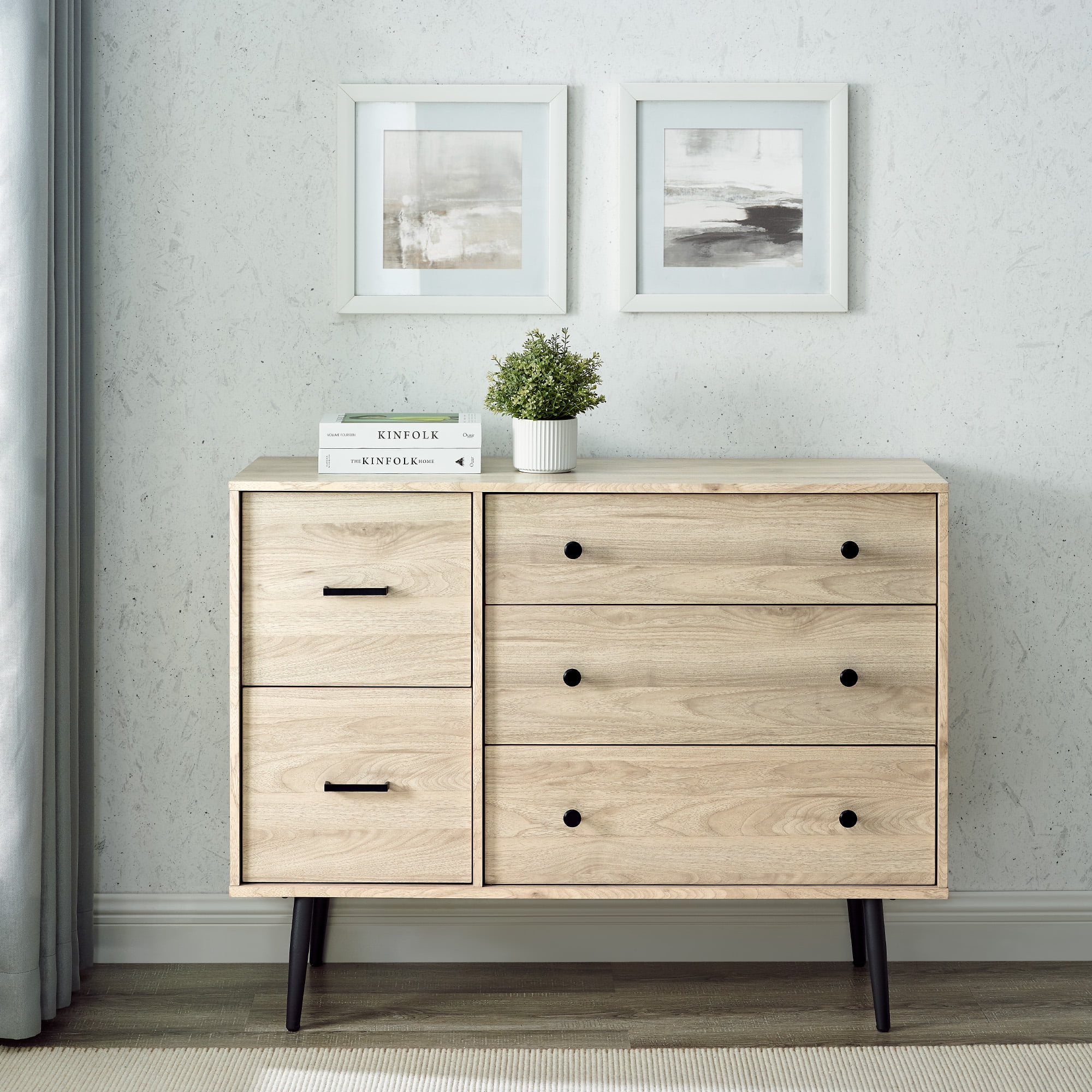 Walker Edison Modern Asymmetric 5 Drawer Wood Dresser, Birch
