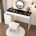 thumbnail image 2 of FAMAPY Modern Vanity Desk with Lighted Mirror & Glass Desktop, Makeup Vanity with Drawers, Makeup Desk Dressing Table, Round Edge, Cushion Stool, White, 2 of 8