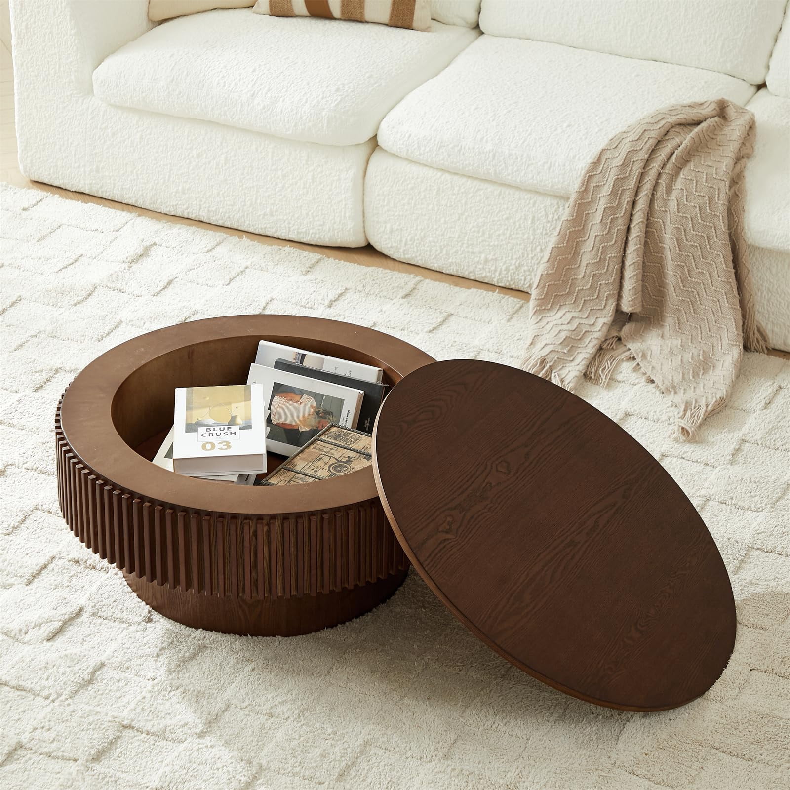 31.5" Round Fluted Drum Coffee Table with Hidden Storage, Modern Slatted Accent Table for Living Room & Small Spaces,Walnut