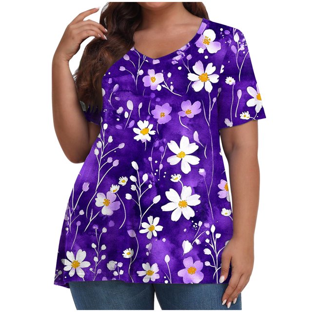 Pisexur Hauts pour Femmes, Hauts d'Été pour Femmes, Hauts Grande Taille pour Femmes, Hauts pour Dames Mode Été Sexy Imprimé Manches Courtes Col Rond Multicolore, 2TG