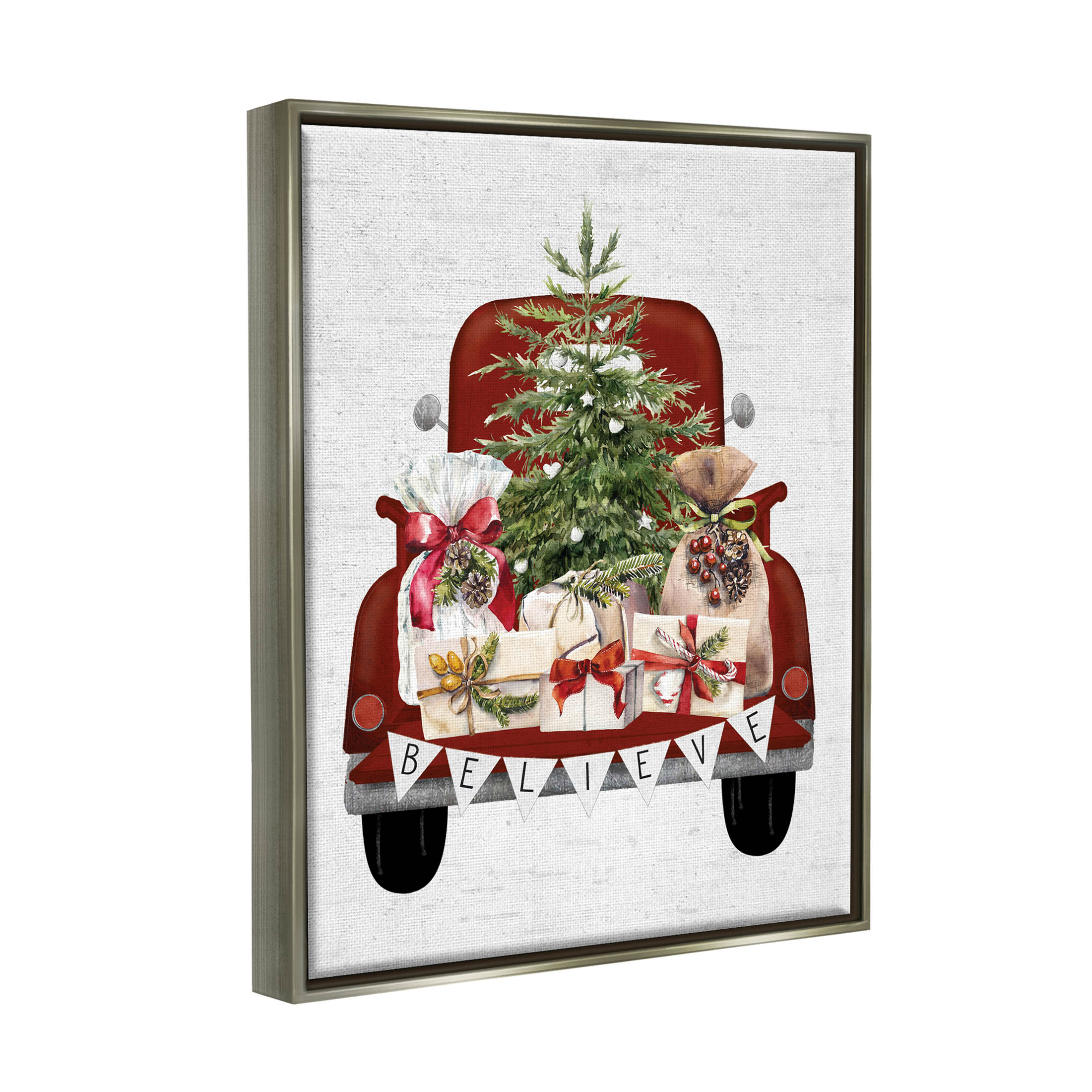 Stupell Industries Believe Seasonal Christmas Truck Graphic Art Luster Gray Floating Framed Canvas Print Wall Art, Design by Lettered and Lined