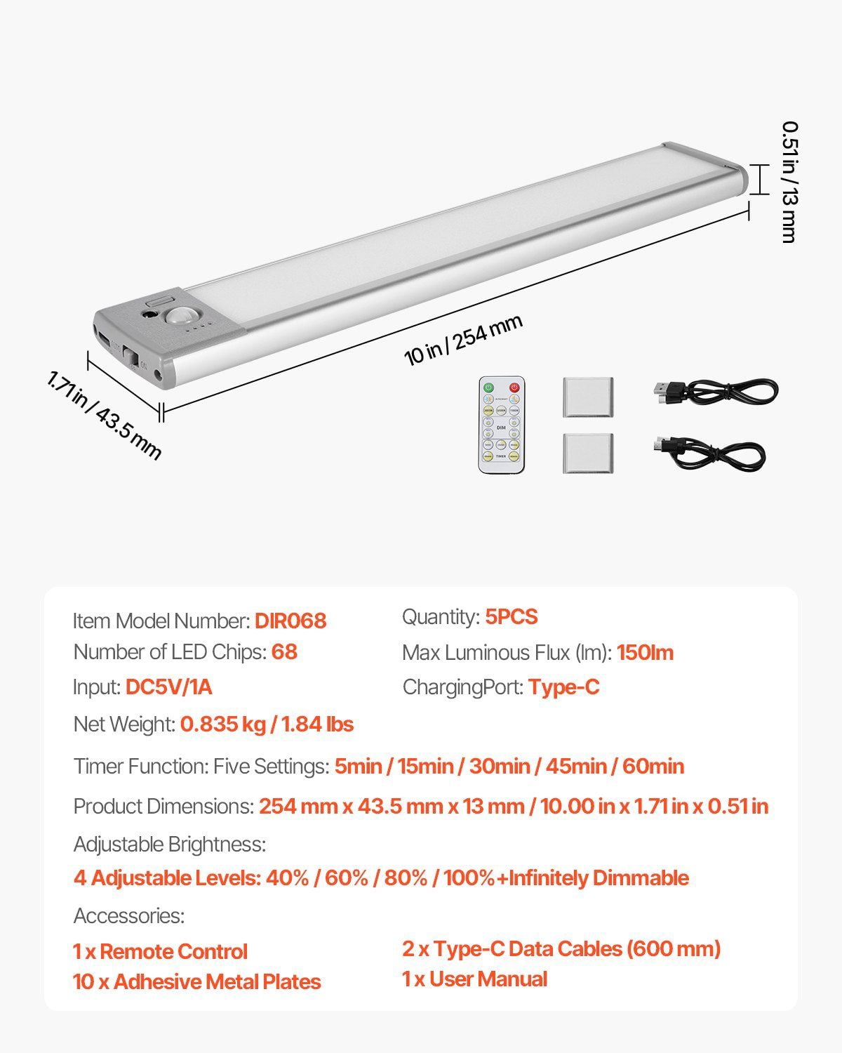 5-Pack Under Cabinet LED Lights – 68 LED Motion Sensor Lights, Battery Operated, Stick-On Closet/Kitchen Lighting, Wireless & Adjustable
