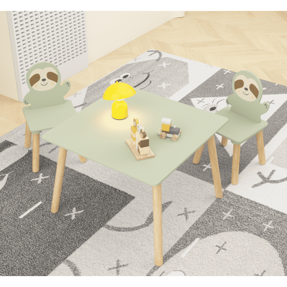 Kids Table and Chair Set with 2 Cute Sloth Chairs, Wooden Toddler Activity Table, Cute Animal Design Play & Study Set for Playroom, Bedroom, Classroom – Sage Green