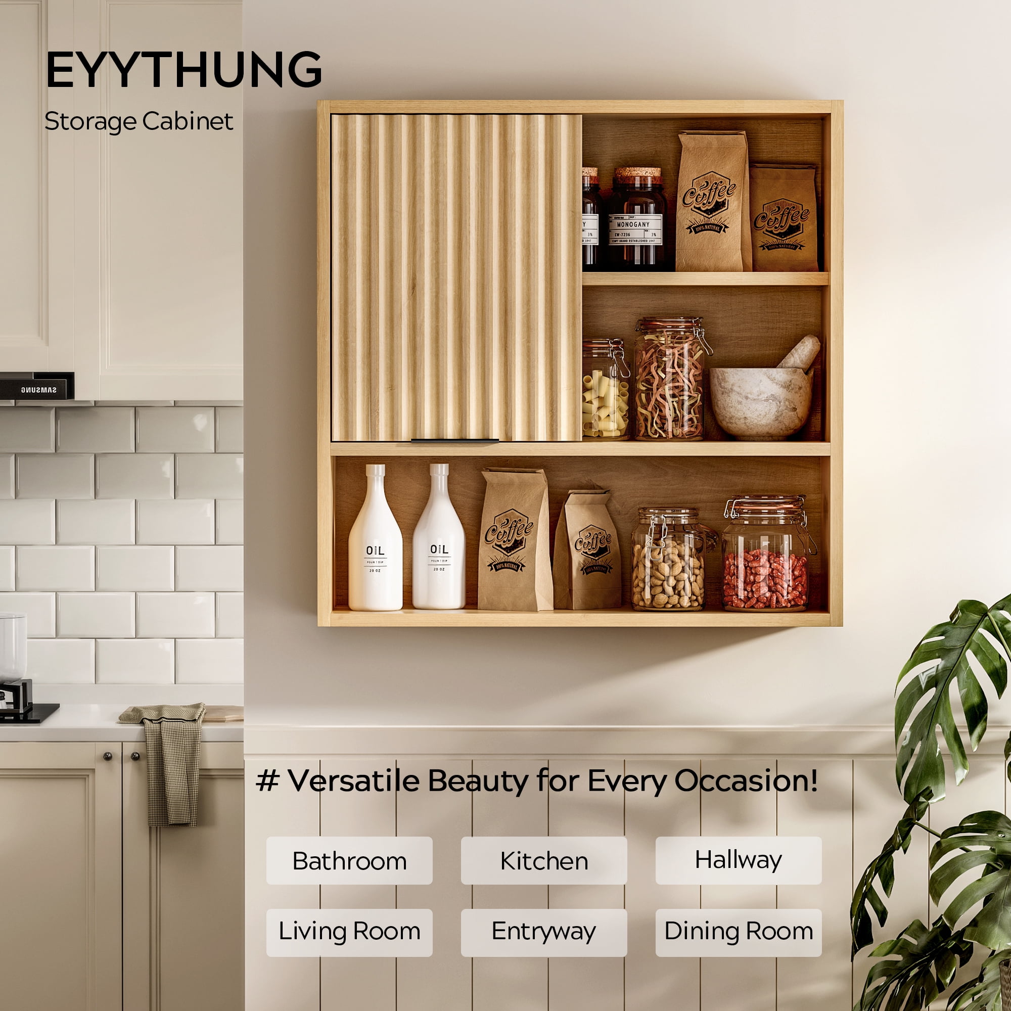 EYYTHUNG Fluted Wall-Mounted Cabinet Bathroom, Modern Medicine Cabinet with Adjustable Shelf Wood Storage Cabinet, Natural Oak