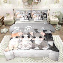Feelyou Kawaii Cat Teens Bedding Comforter Set 7pcs, Cute Cartoon Kitten Queen Bedding Sets, Anime Animal Style Reversible Queen Sheet Sets, Breathable Home Decor