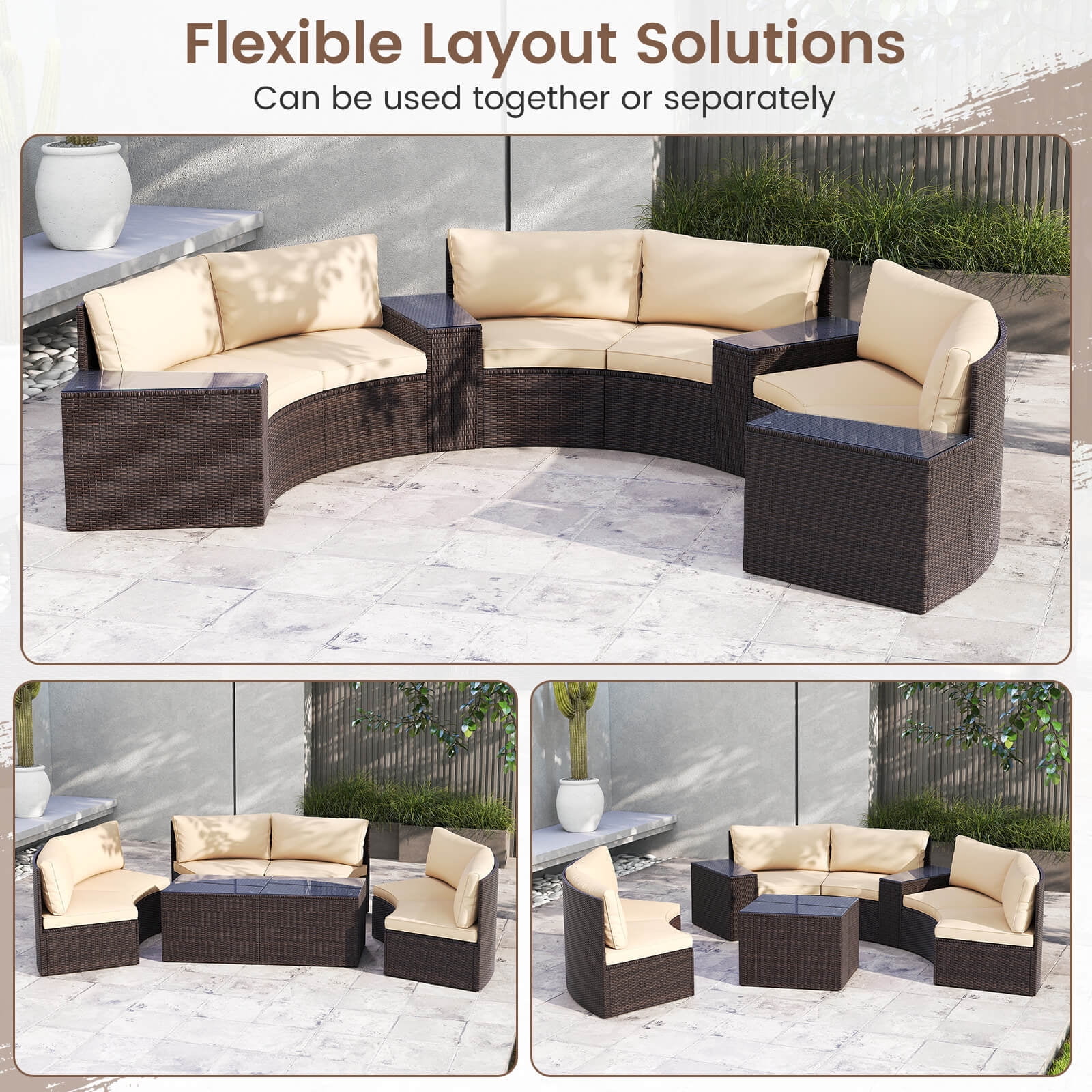Costway 7 PCS Patio Furniture Set with Tempered Glass Top Side Tables Back & Seat Cushions
