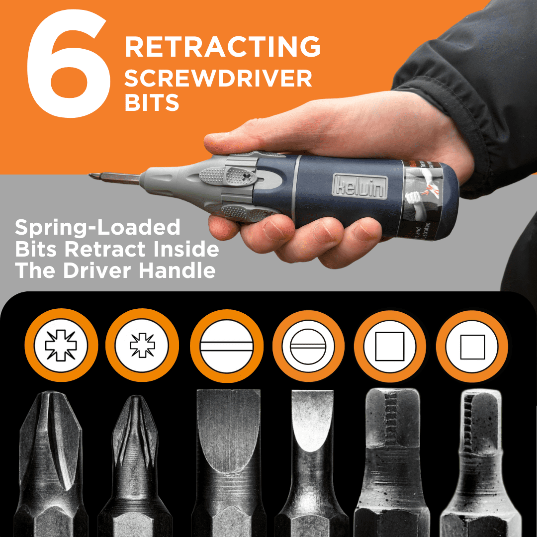 Kelvin Tools Retractor Auto Advance – Automatic Multi-Bit Screwdriver, 6-in-1 Autoloader Tool with Spring-Loaded Lock System, Compact Multitool for Men and Women, Made in North America