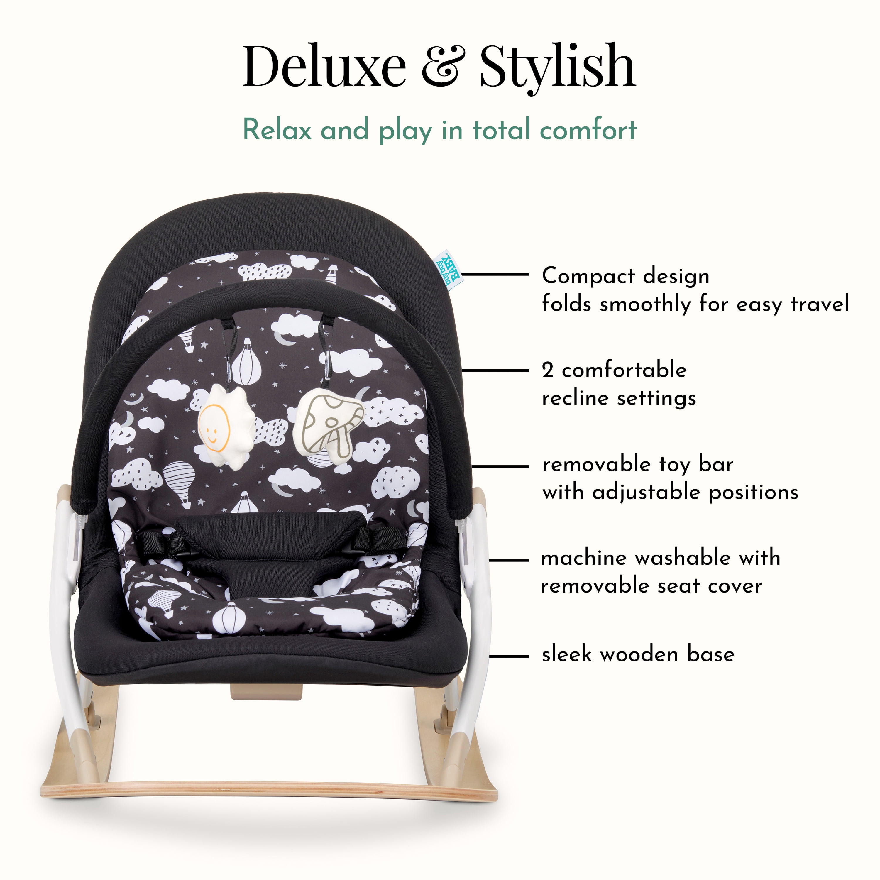 Dream On Me SleekSway Portable Rocker Chair, Black White, Adjustable Baby Bouncer