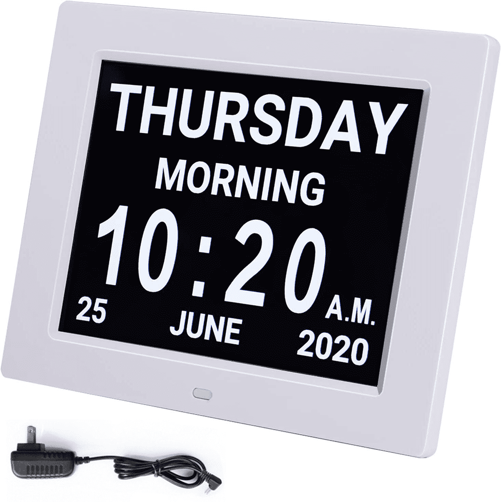 5 Alarm Digital Calendar Alarm Day Clock Wall Mounted black with 8” Screen Display for Extra Impaired Vision People am pm The Dementia The Aged Seniors 