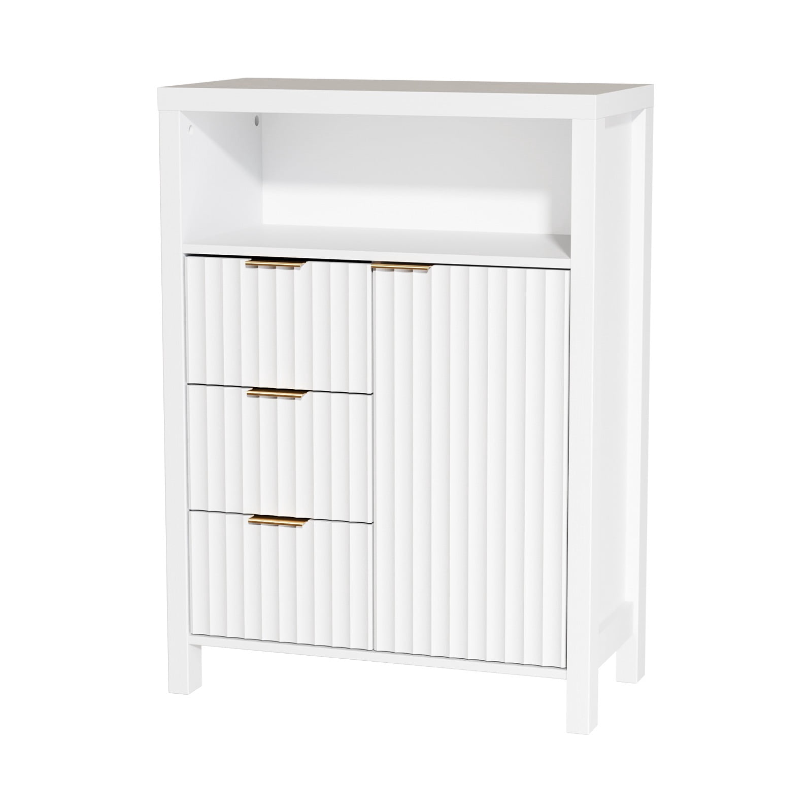 Ktaxon Fluted MDF Bathroom Floor Cabinet with Grille Single Door and Three Drawers, White