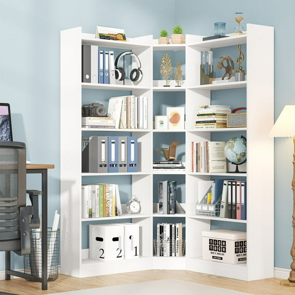 Tall Corner Bookshelf, 6 Tier L-Shaped Bookcase, Wood Large Book Case Display Shelf for Living Room, Home Office, Study, White