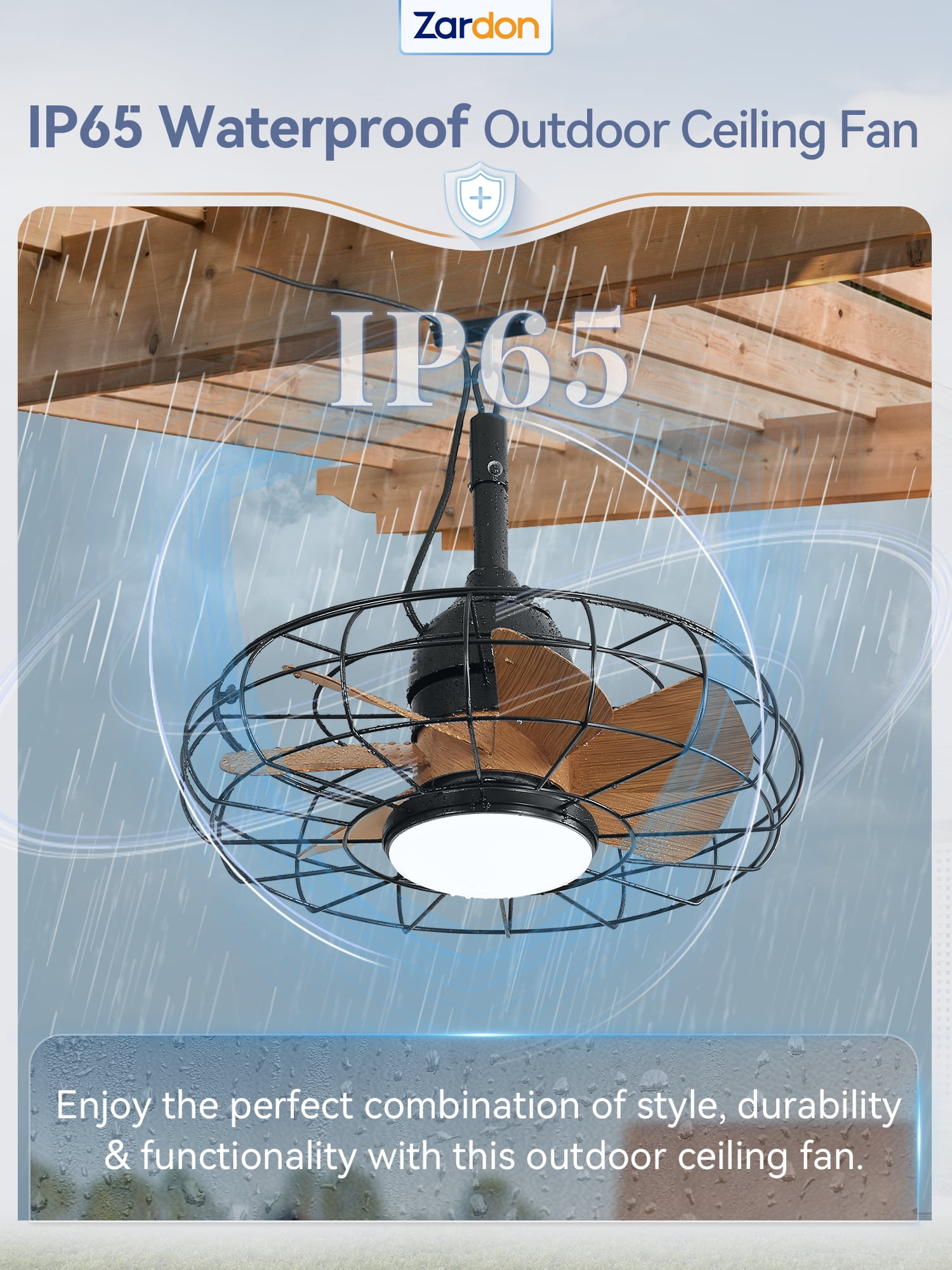 Zardon 18" Gazebo Fan for Patio, Outdoor Caged Ceiling Fan with LED Light, Quiet DC Motor and 6 Speeds with Remote Control, IP65 Waterproof for Porch, Pergola Canopy